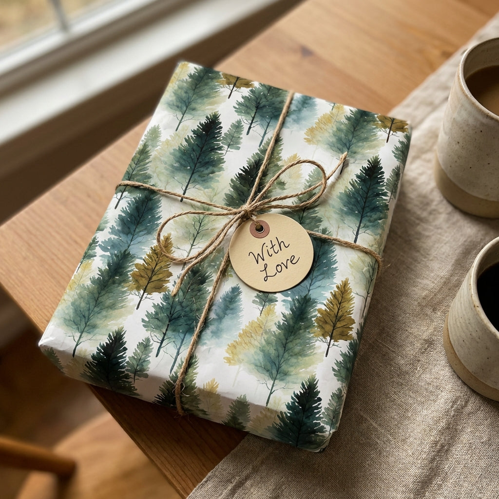 Gift wrapped in Watercolor Christmas Tree wrapping paper with twine and "With Love" tag.