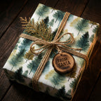 Rustic Christmas gift wrap with watercolor fir tree design and twine bow; "From: Santa" wood tag.