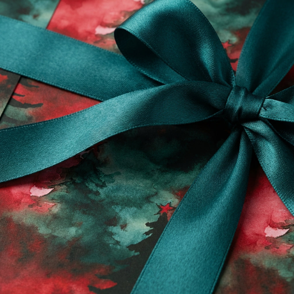 Close-up of a Christmas gift wrapped in red and green watercolor paper with a teal satin bow.