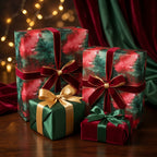 Elegant Christmas gift wrap with watercolor tree pattern and velvet ribbon.