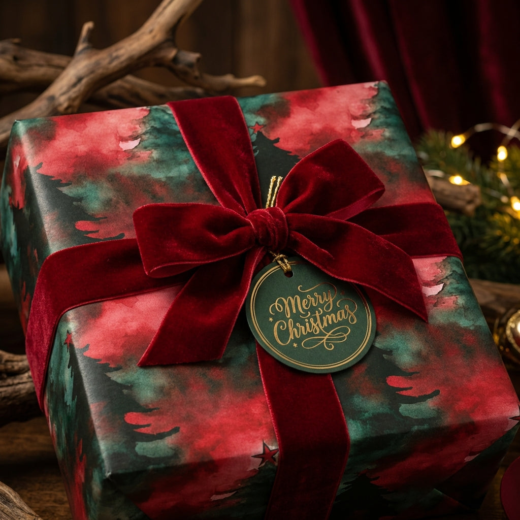 Christmas gift wrap with red velvet ribbon. Holiday-themed wrapping paper from Wrapped Studios.