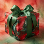 Elegant Christmas gift wrap featuring watercolor trees, stars, and a satin green bow.