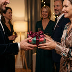 Exchanging a Christmas gift wrapped in festive evergreen and red pattern with a plum ribbon.