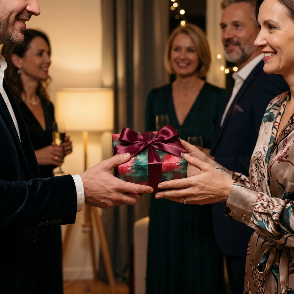 Exchanging a Christmas gift wrapped in festive evergreen and red pattern with a plum ribbon.