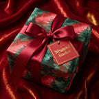 Wrapped Studios Christmas gift wrap with watercolor pine tree pattern and red satin ribbon.
