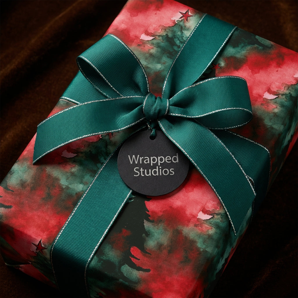 Elegant Christmas gift wrap by Wrapped Studios with green ribbon and watercolor tree pattern.