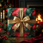 Luxury Christmas gift wrap featuring red and green watercolor trees with a gold ribbon, perfect for holiday giving.