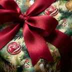 Close-up of a Christmas gift wrapped in elegant holiday ornament wrapping paper with a lush red satin ribbon.