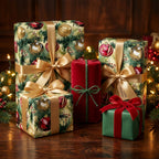 Elegant Christmas presents wrapped in floral ornament gift wrap with gold ribbon.