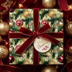 Square gift wrapped in festive Christmas ornament wrapping paper with a red velvet bow.