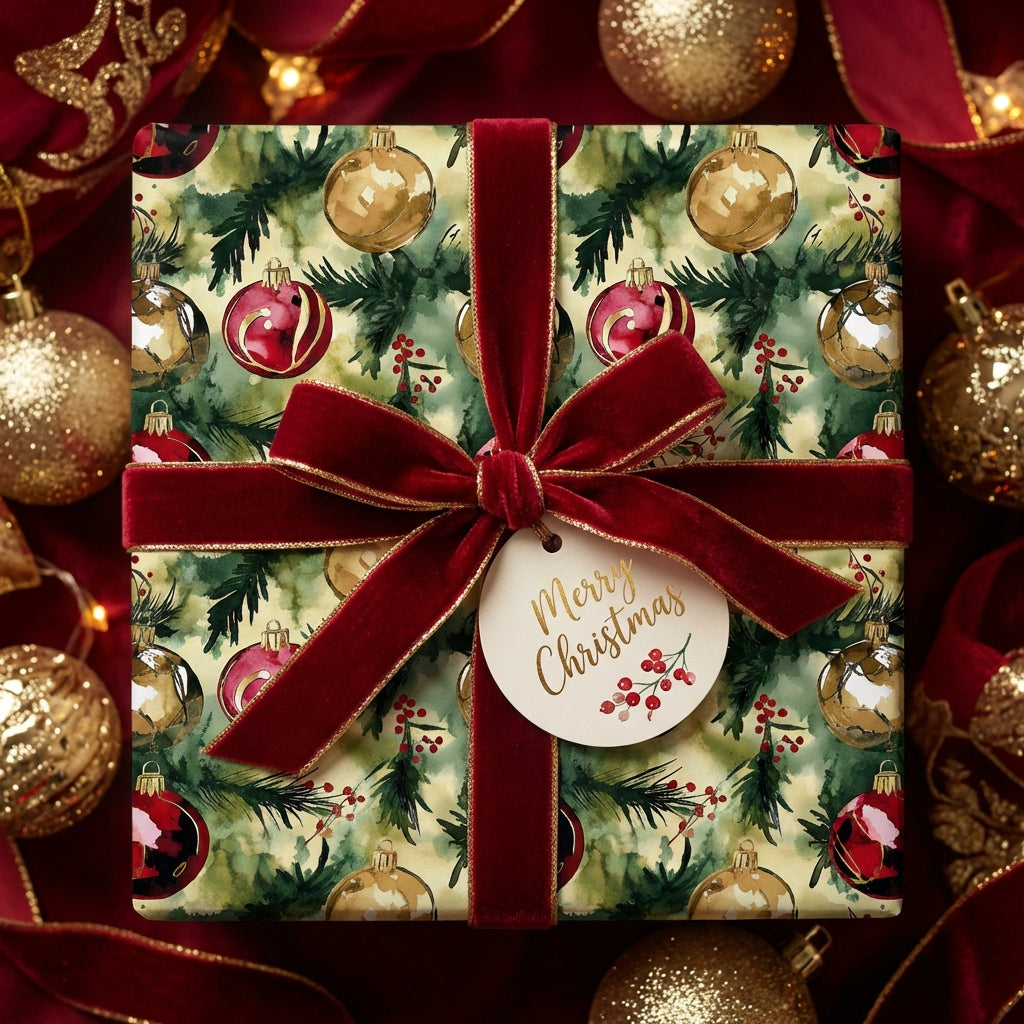Square gift wrapped in festive Christmas ornament wrapping paper with a red velvet bow.