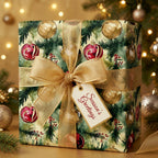 Square gift box wrapped in festive Christmas ornament wrapping paper with a gold ribbon and "Season's Greetings" tag.