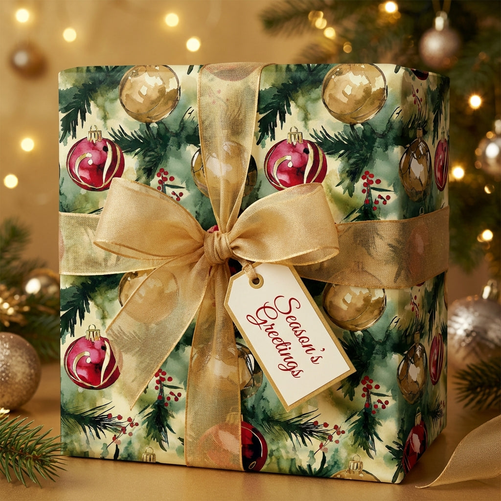 Square gift box wrapped in festive Christmas ornament wrapping paper with a gold ribbon and "Season's Greetings" tag.