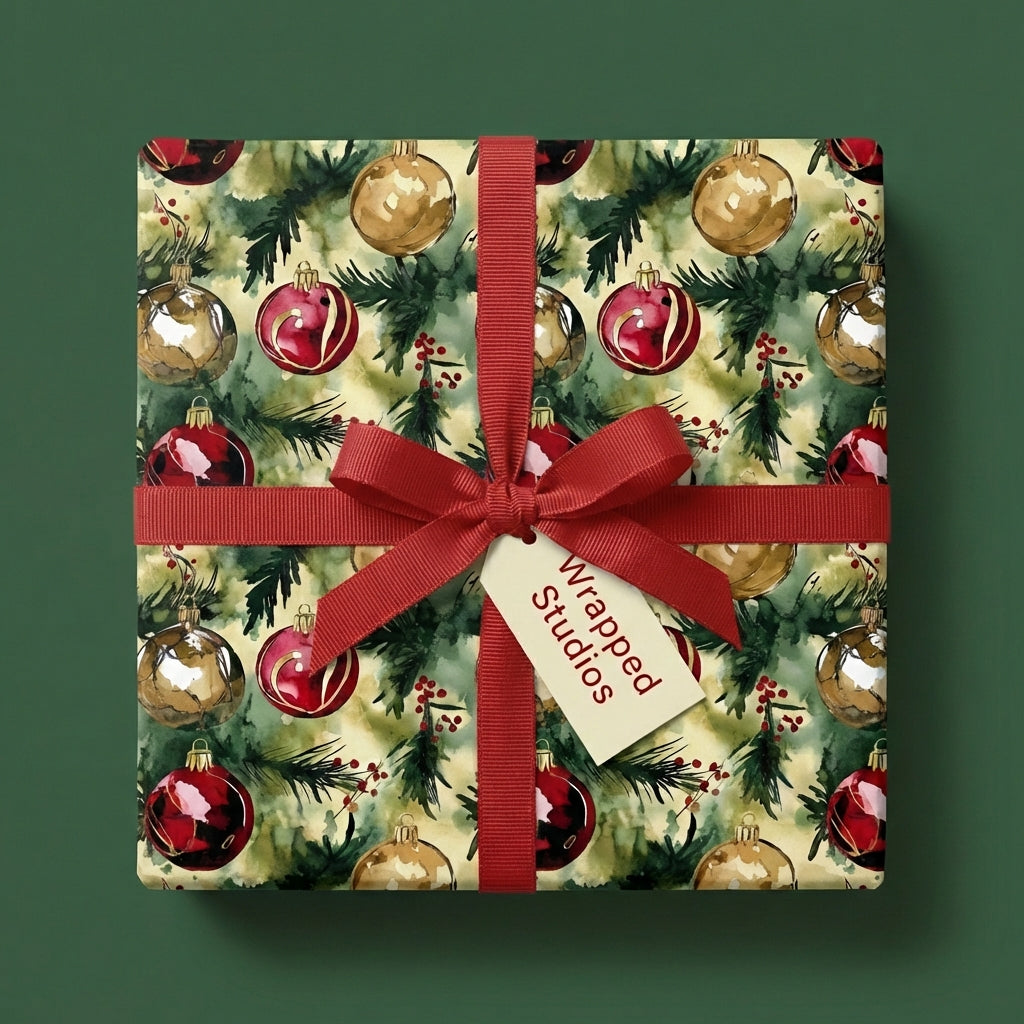 Square gift wrapped in Christmas ornament wrapping paper with a red ribbon and bow.