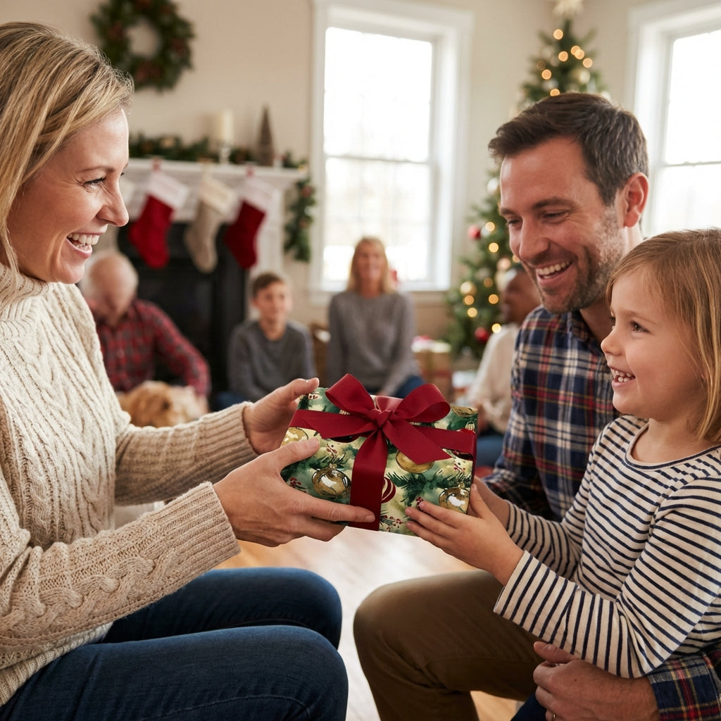 Family exchanging Christmas gifts wrapped in festive holiday wrapping paper with red ribbon.