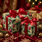Festive Christmas gift wrap featuring watercolor ornament pattern and red satin ribbons.