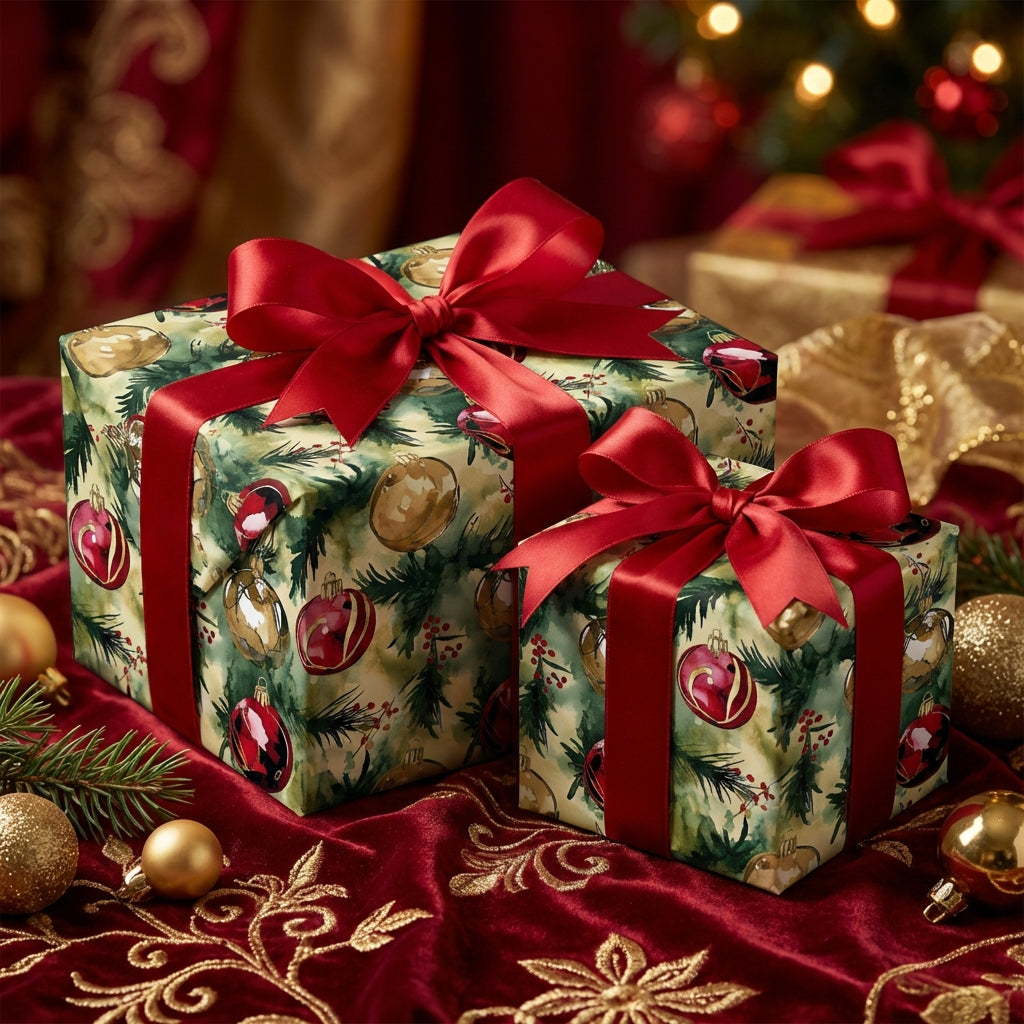 Festive Christmas gift wrap featuring watercolor ornament pattern and red satin ribbons.