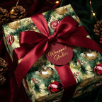 Elegant Christmas gift wrap with red satin bow, featuring an ornament pattern and "Wrapped Studios" tag.