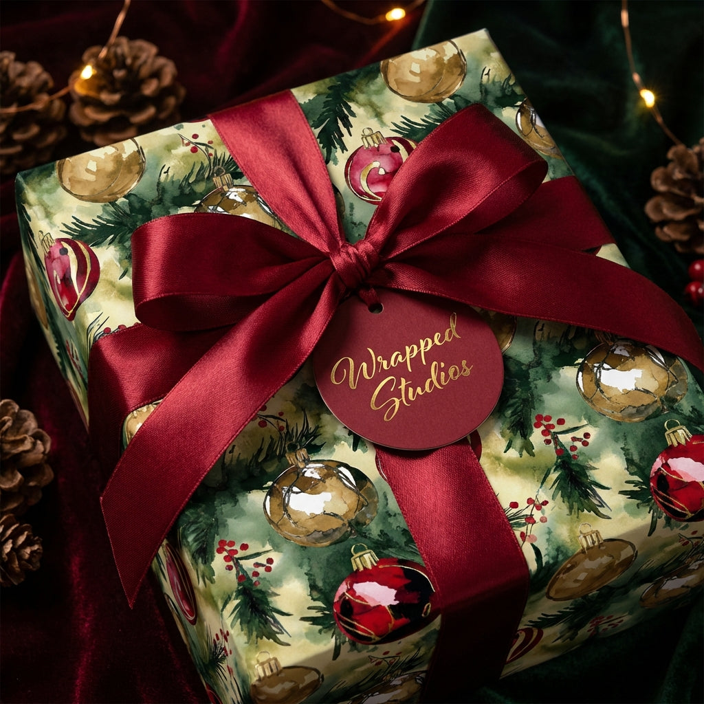 Elegant Christmas gift wrap with red satin bow, featuring an ornament pattern and "Wrapped Studios" tag.