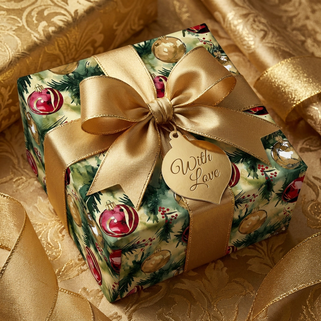Christmas gift box in festive ornament wrapping paper with a gold ribbon and "With Love" tag.