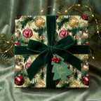 Christmas gift wrapping on box with Christmas pattern, green ribbon, and 'For You' tag on a green fabric background.