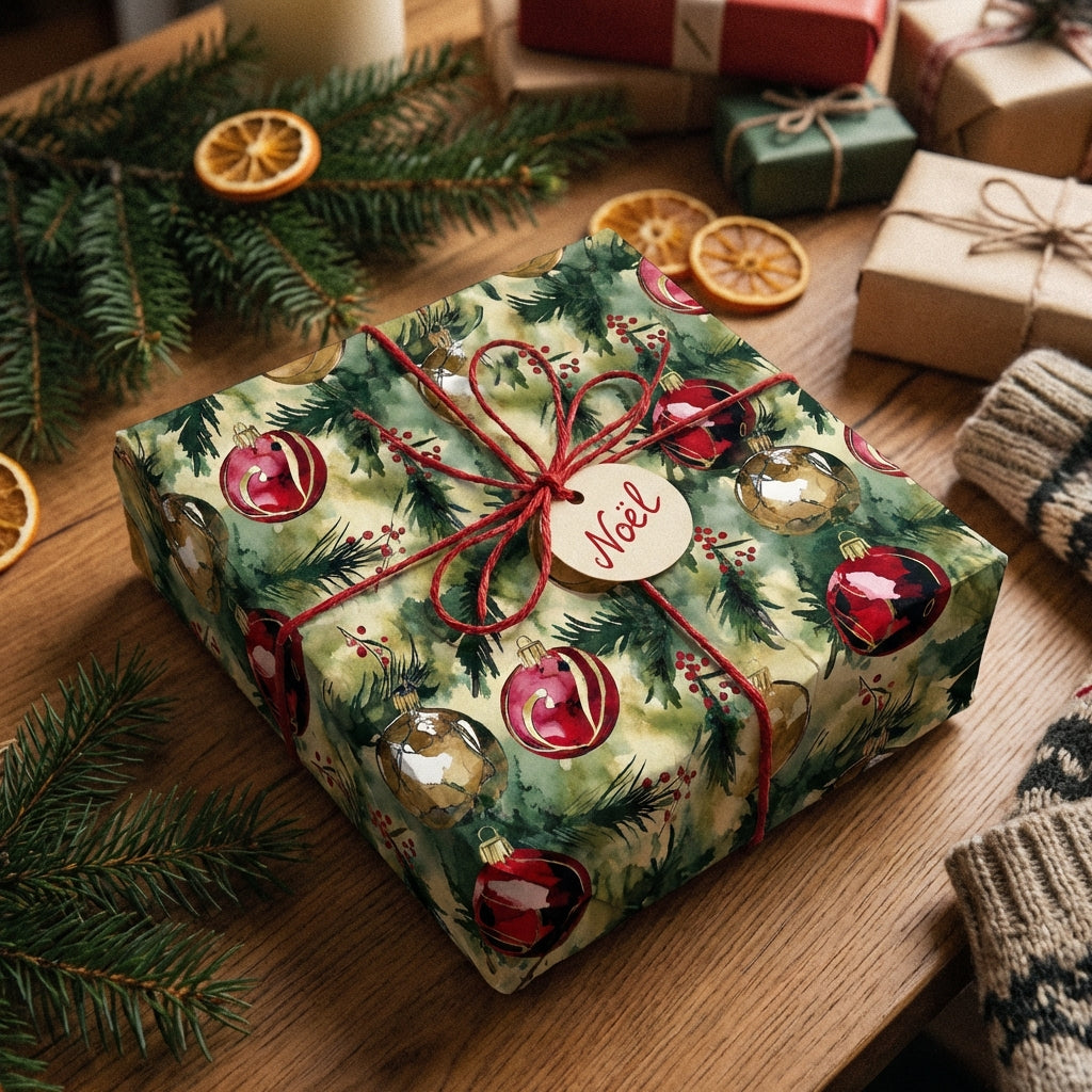 Christmas gift with ornament-patterned holiday wrapping paper, tied with red string and "Noel" tag.