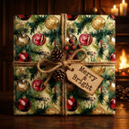 Elegant Christmas gift wrap featuring ornament pattern and rustic twine bow, with a "Merry & Bright" tag.