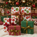Festive Christmas wrapping paper with red and green ornament patterns and elegant satin ribbons, arranged under a sparkling tree.