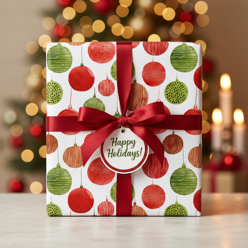 Festive Christmas wrapping paper with red and green ornament pattern, tied with a red satin ribbon and "Happy Holidays" tag.