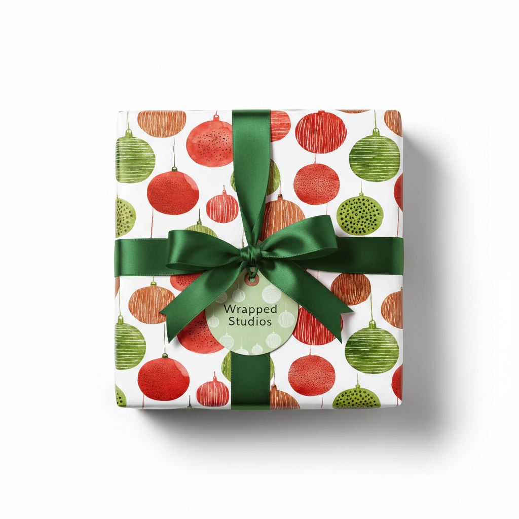 Festive Christmas wrapping paper with red and green ornaments, tied with a dark green ribbon and "Wrapped Studios" gift tag.
