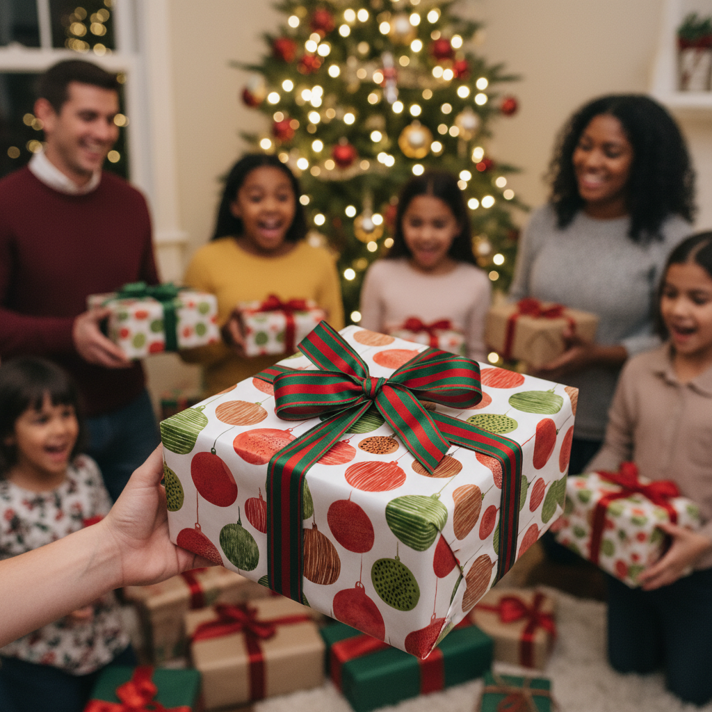 Holiday gift wrap with red and green ornament pattern and striped ribbon, exchanged by a happy family at Christmas.