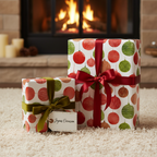 Festive Christmas wrapping paper with red and green ornaments and satin bows, perfect for holiday gifts by a cozy fireplace.