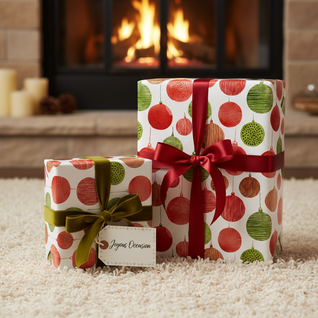 Festive Christmas wrapping paper with red and green ornaments and satin bows, perfect for holiday gifts by a cozy fireplace.