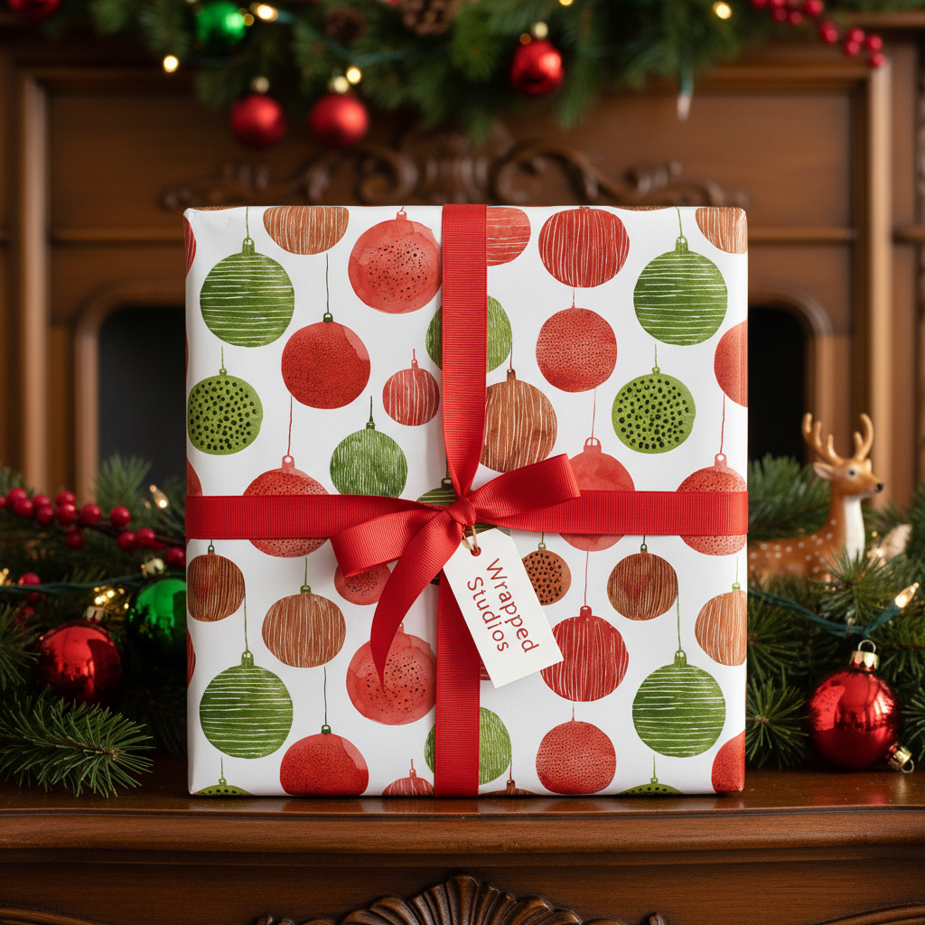 Christmas gift wrap featuring a modern ornament pattern in red, green, and brown, tied with a red ribbon and gift tag, on a festive mantel.