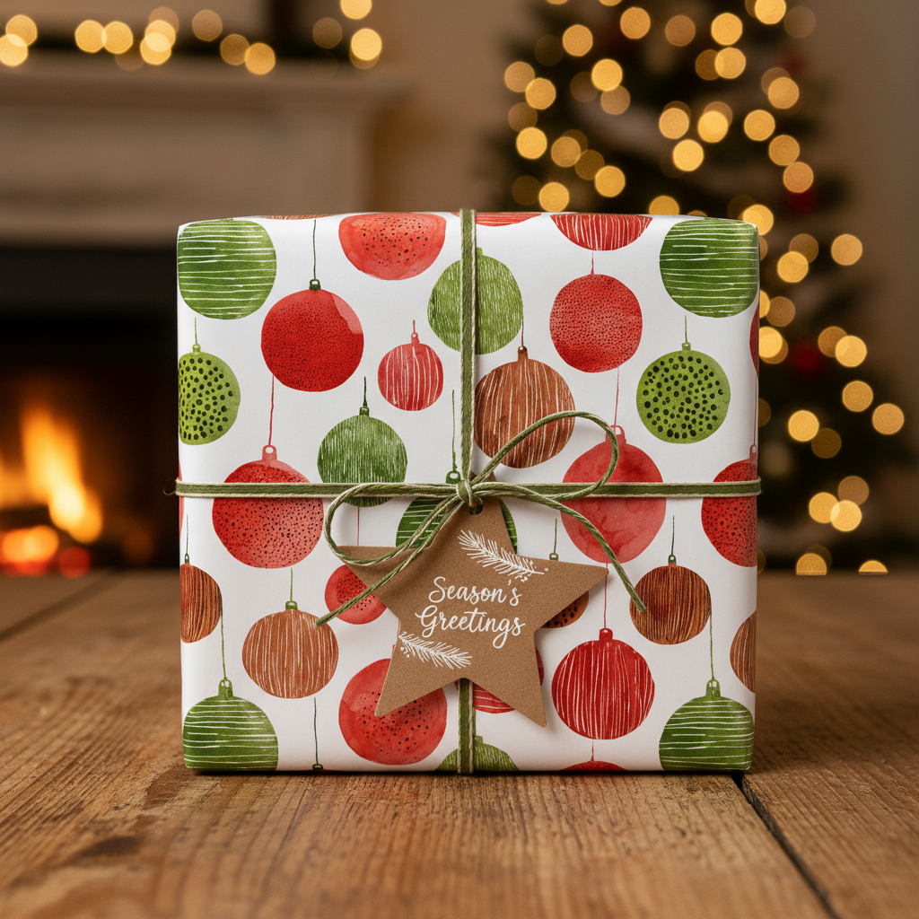 Christmas gift wrap with red and green ornament pattern, natural twine, and "Season's Greetings" tag, set on wood with fireplace and tree.