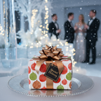 Elegant Christmas gift wrap with red and green ornament pattern, gold ribbon, and "Special Delivery" tag, set on a silver charger plate in a snowy holiday party scene.