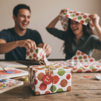 Modern festive wrapping paper with red and green polka dots, tied with natural twine and a "For You!" tag, with people wrapping gifts in the background.
