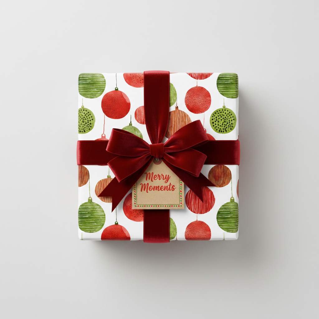Festive Christmas gift wrap featuring a modern ornament pattern in red and green, tied with a luxurious velvet bow and "Merry Moments" tag.