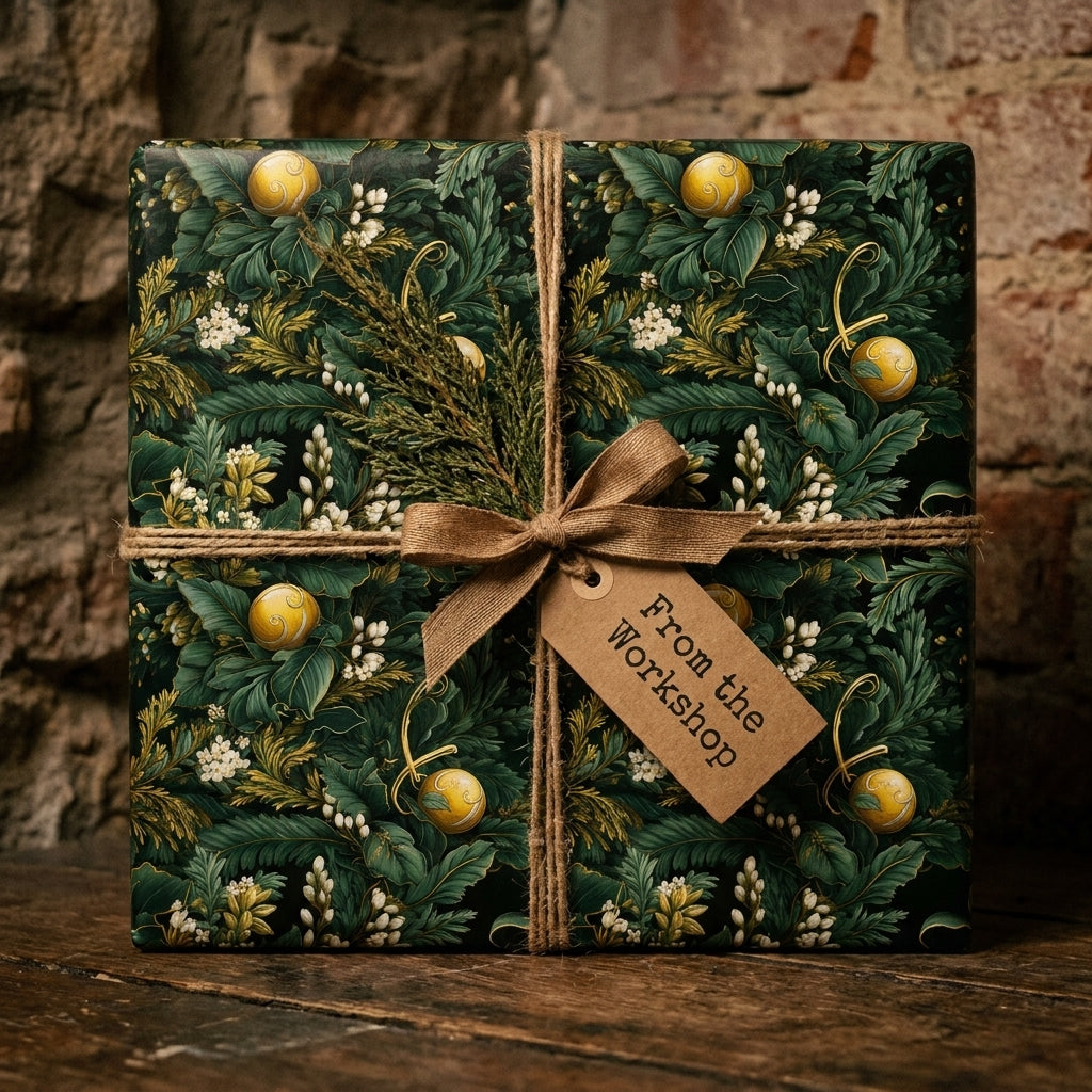 Luxury vintage botanical Christmas wrapping paper with a rustic twine bow by Wrapped Studios.