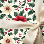 Holiday gift wrapped in floral Christmas wrapping paper with elegant cream-colored satin ribbon.
