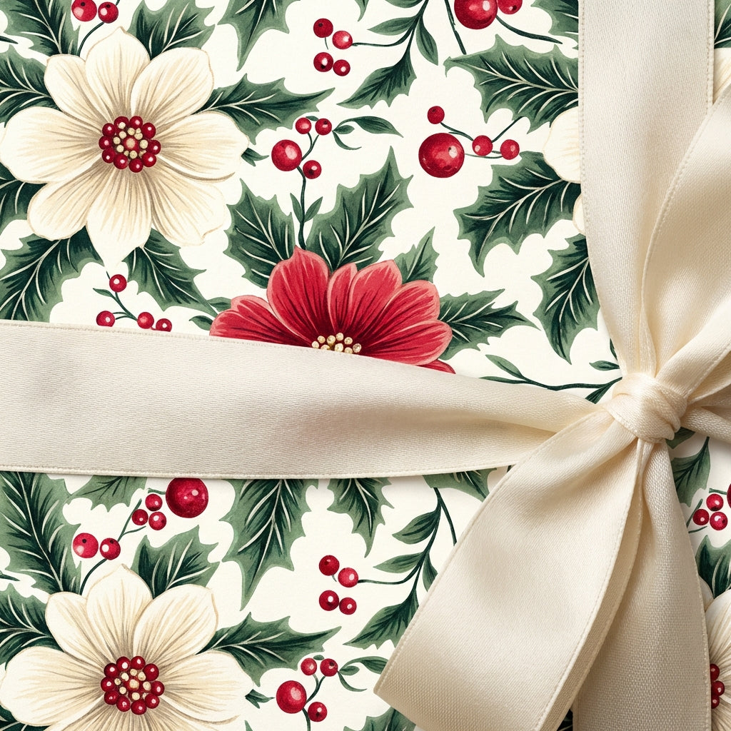 Holiday gift wrapped in floral Christmas wrapping paper with elegant cream-colored satin ribbon.