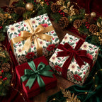 Elegant Christmas gifts wrapped in floral wrapping paper with gold, green, and burgundy ribbons.