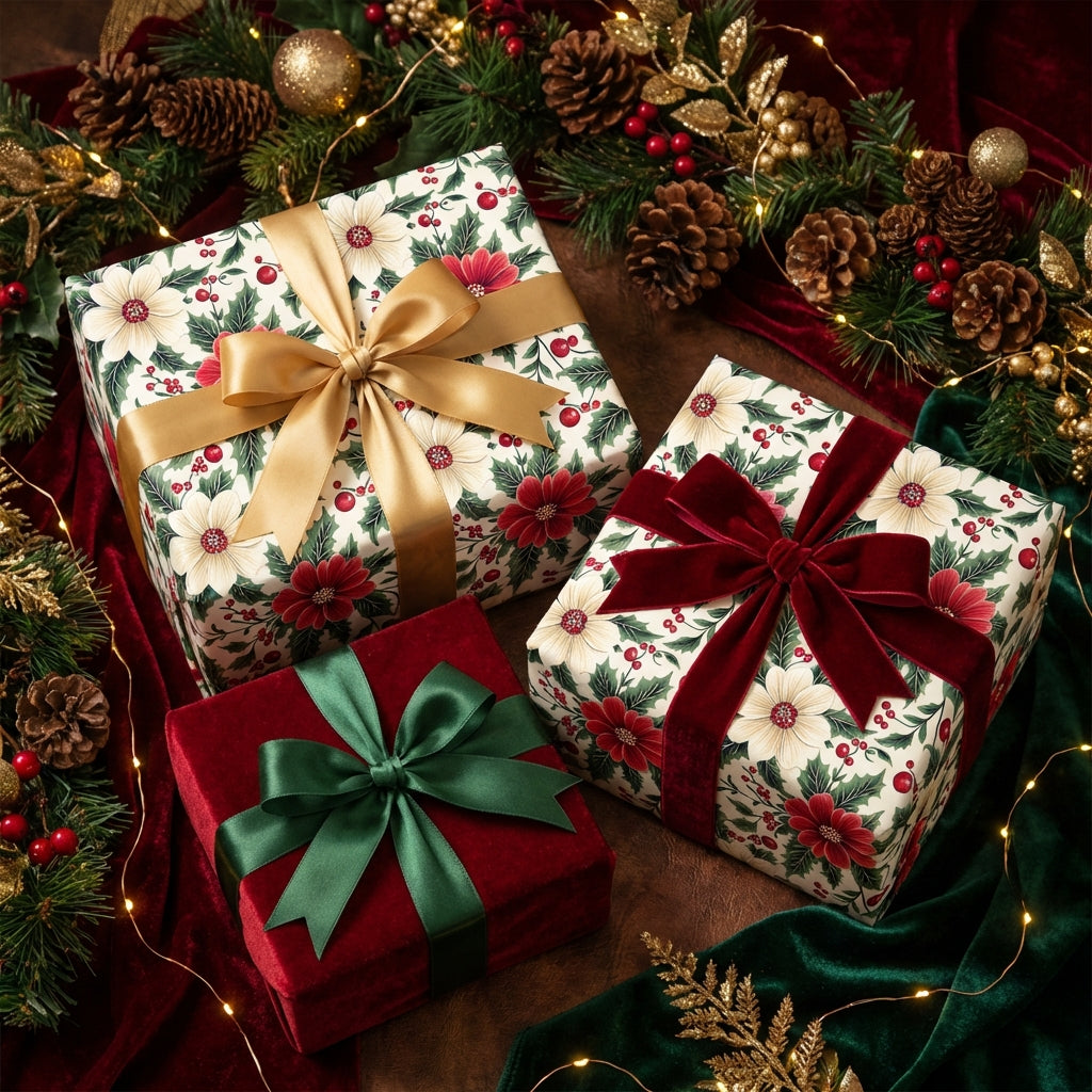 Elegant Christmas gifts wrapped in floral wrapping paper with gold, green, and burgundy ribbons.