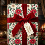 Christmas gift wrapped in elegant floral wrapping paper, tied with a luxurious red velvet ribbon.
