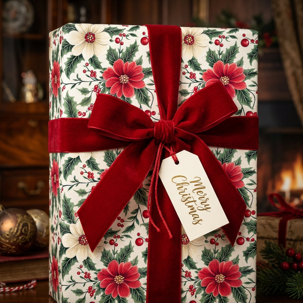 Christmas gift wrapped in elegant floral wrapping paper, tied with a luxurious red velvet ribbon.