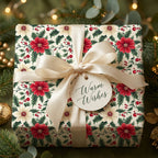 Wrapped gift with floral Christmas wrapping paper, ivory ribbon, and "Warm Wishes" tag.