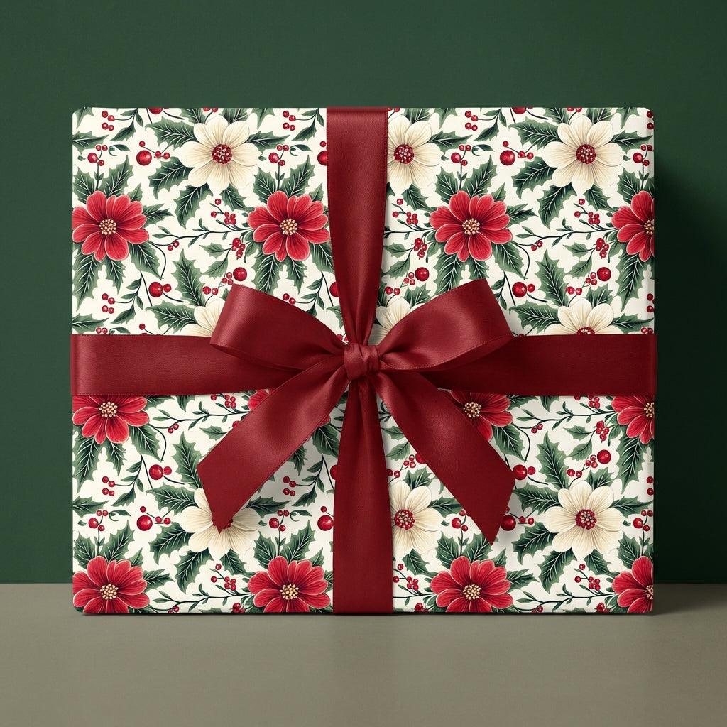 Elegant floral Christmas wrapping paper with red ribbon from Wrapped Studios.