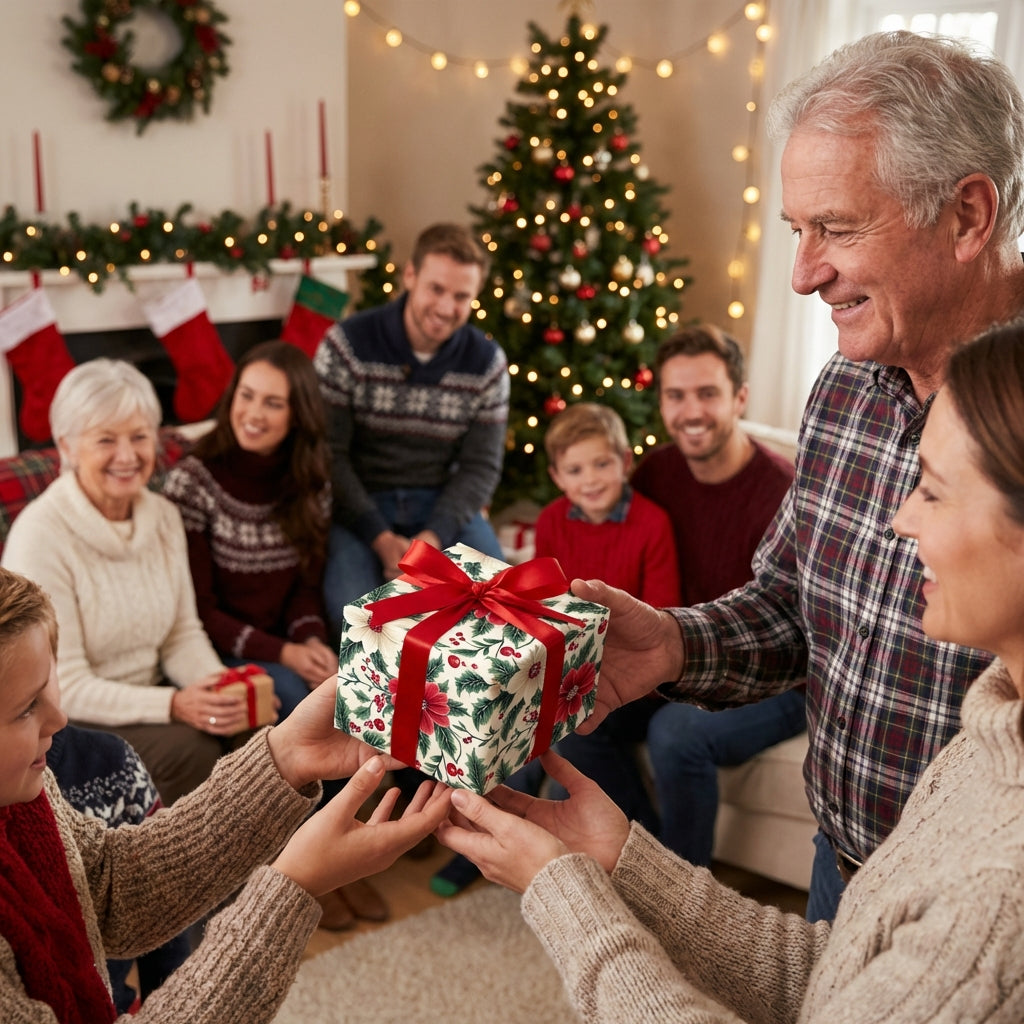 Christmas gift exchange with floral wrapping paper and red ribbon in cozy family home.