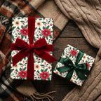 Floral Christmas gift wrap with red velvet ribbon, perfect for elegant holiday presents. Wrapped Studios.