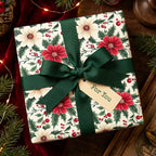 Elegant Christmas gift wrap. Square box with floral wrapping paper, green ribbon, and "For You" tag.